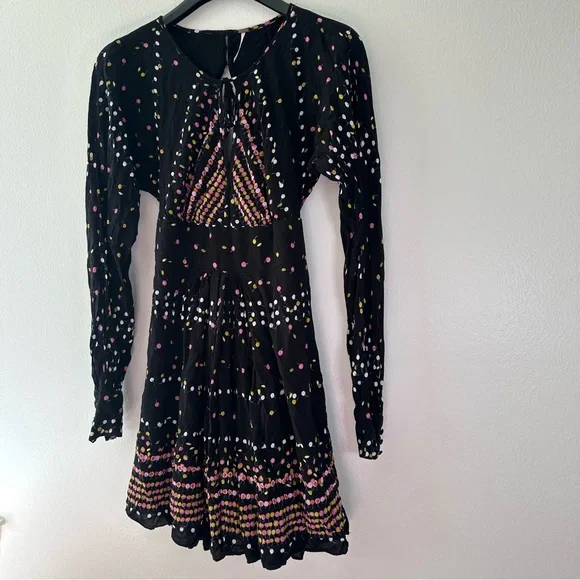 Free People Coryn Mini Dress Black Printed Open Back Long Sleeve Size 2 - Picture 11 of 15